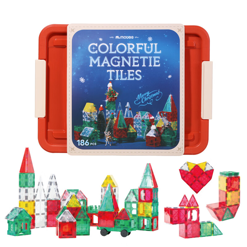 mobee儿童磁力片3-6岁男女孩生日礼物7-14岁磁铁拼装早教益智玩具马年 圣诞小镇磁力片-186套装 节日礼物 强劲磁吸 大面积防误吞
