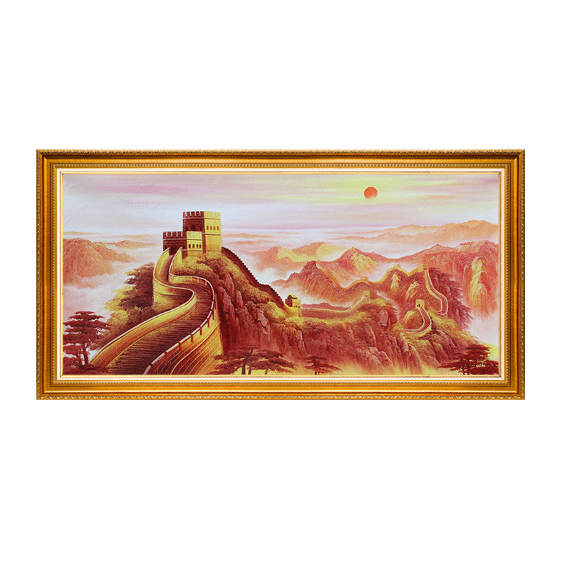 界家居 金黄色长城油画纯手绘风景画新中式客厅老板办公室装饰画万里长城风景靠山图步步高升龙抬头 柚木色实木外框 带框70*150cm