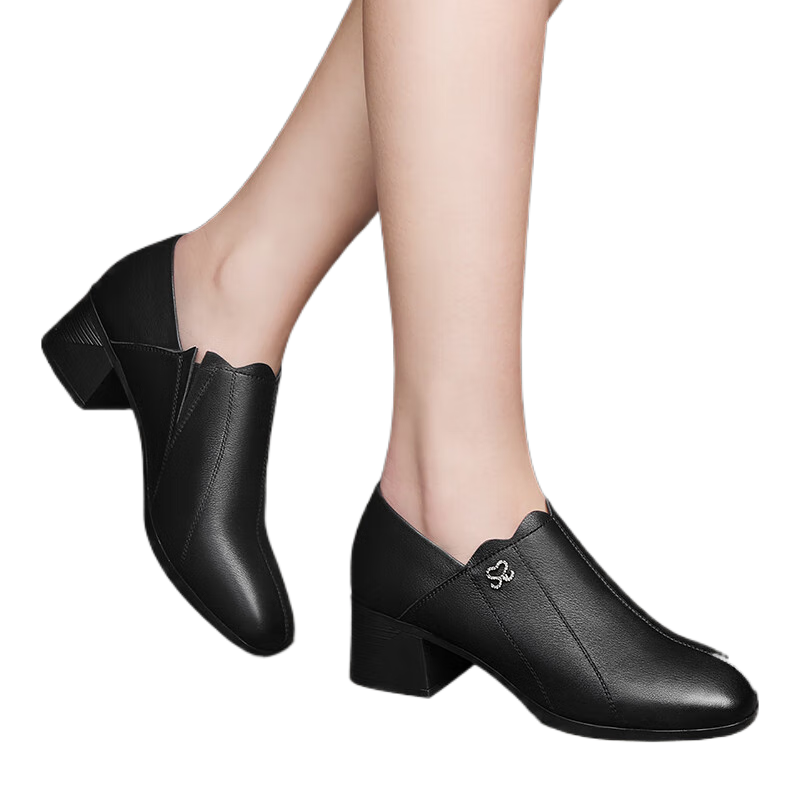 百亿补贴:富贵鸟牛皮单鞋女春秋季新款女鞋粗跟软底防滑高跟鞋女中跟