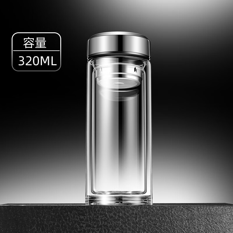 男便携双层加厚水杯商务茶道过滤泡茶杯子个人 不锈钢本色320ml(杯刷)