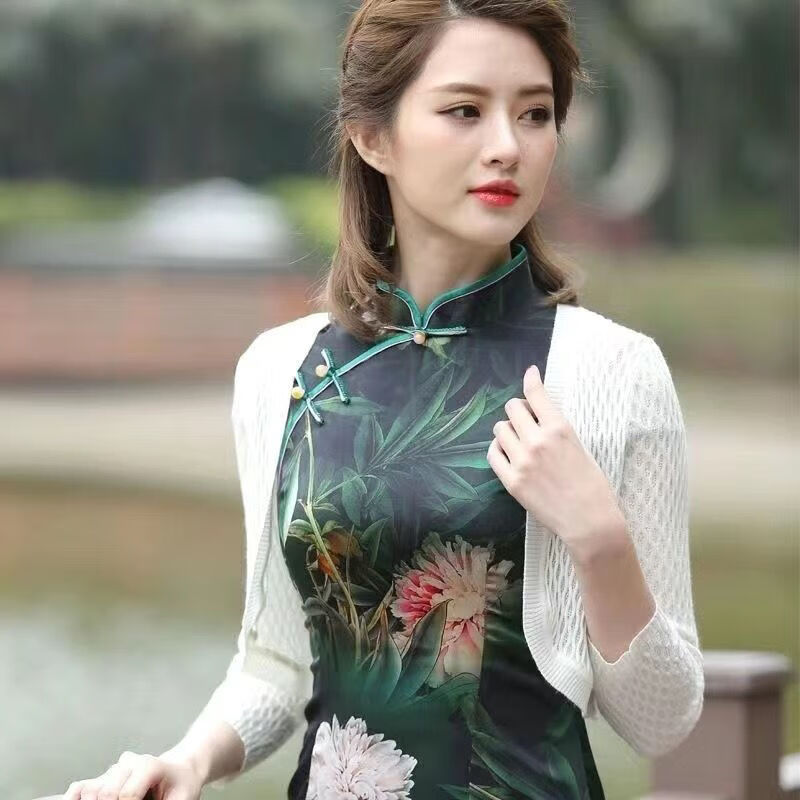 歆栩旗袍外搭披肩春秋短修身中式喜婆婆结婚礼服针织小开衫秋季外套薄