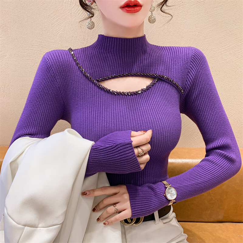 香影芬半高领毛衣女2025年新款秋冬洋气时髦时尚性感钉珠镂空针织打底衫 白色 S (建议95斤以内)