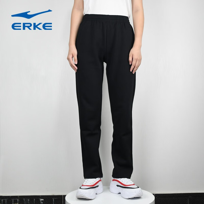 鸿星尔克(erke) 女裤运动裤女针织长裤春秋季轻便百搭黑色休闲裤女士
