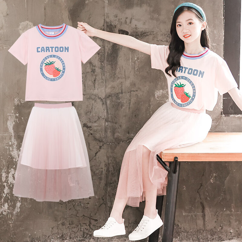 喜茸女童短袖夏装连衣裙女孩裙子7-14岁夏天儿童网纱公主裙中大童两件