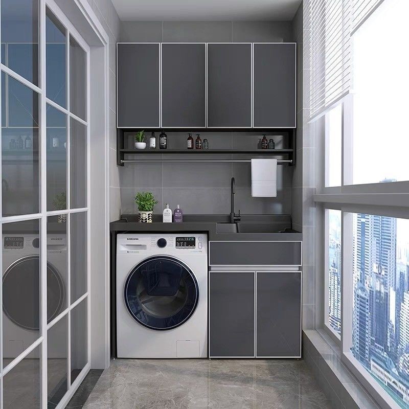 绘晴 xw01（105厘米平盆上门安装）阳台太空铝洗衣机柜一体柜子洗衣池槽带搓板组合洗衣伴侣