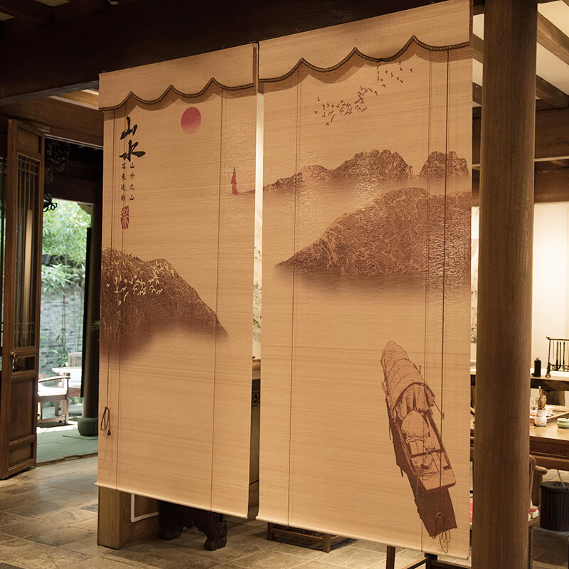 山水装饰画卷帘 竹编窗帘山水画卷帘玄关背景装饰隔断帘客厅防晒帘子