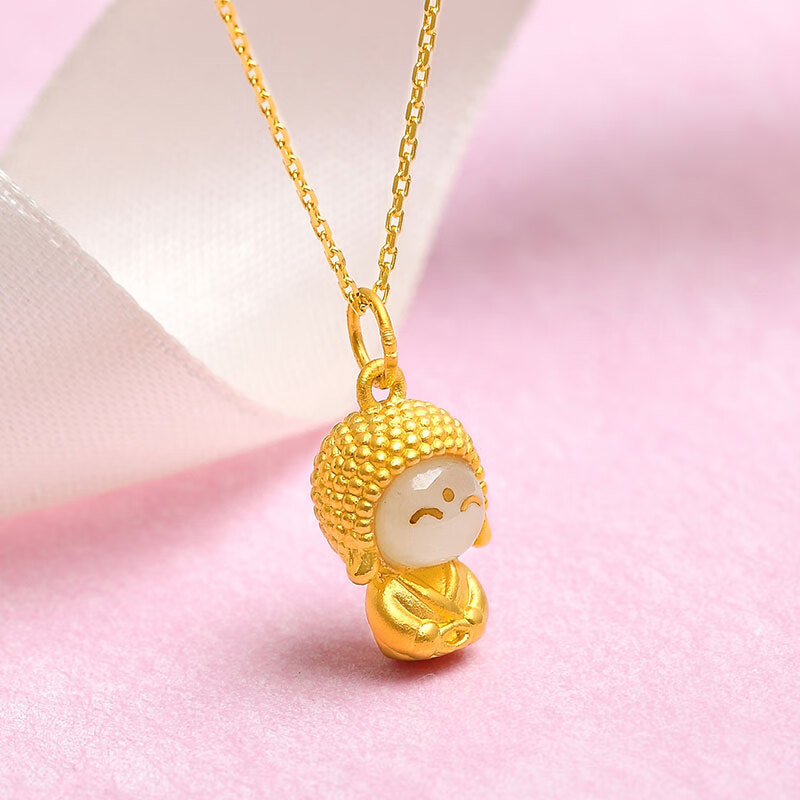 黄金吊坠女足金和田玉小萌佛白玉吊坠无相佛本命年生日礼物 #20