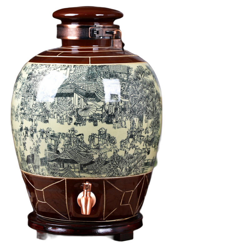 大师汇景德镇陶瓷泡酒坛酒缸酿酒存酒杨梅葡萄酒坛子酒桶酒壶带龙头坛子 清明上河图30斤带锁扣 古铜色不锈钢龙头+酒提+底座