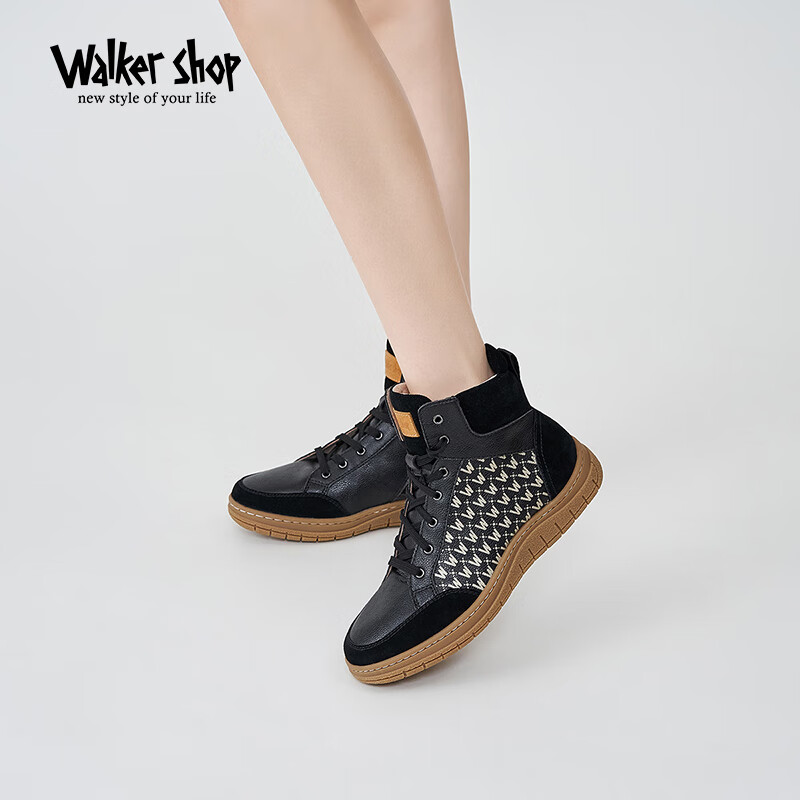 walker shop奥卡索女鞋秋冬高帮休闲鞋女士舒适板鞋女v133775 黑色 39