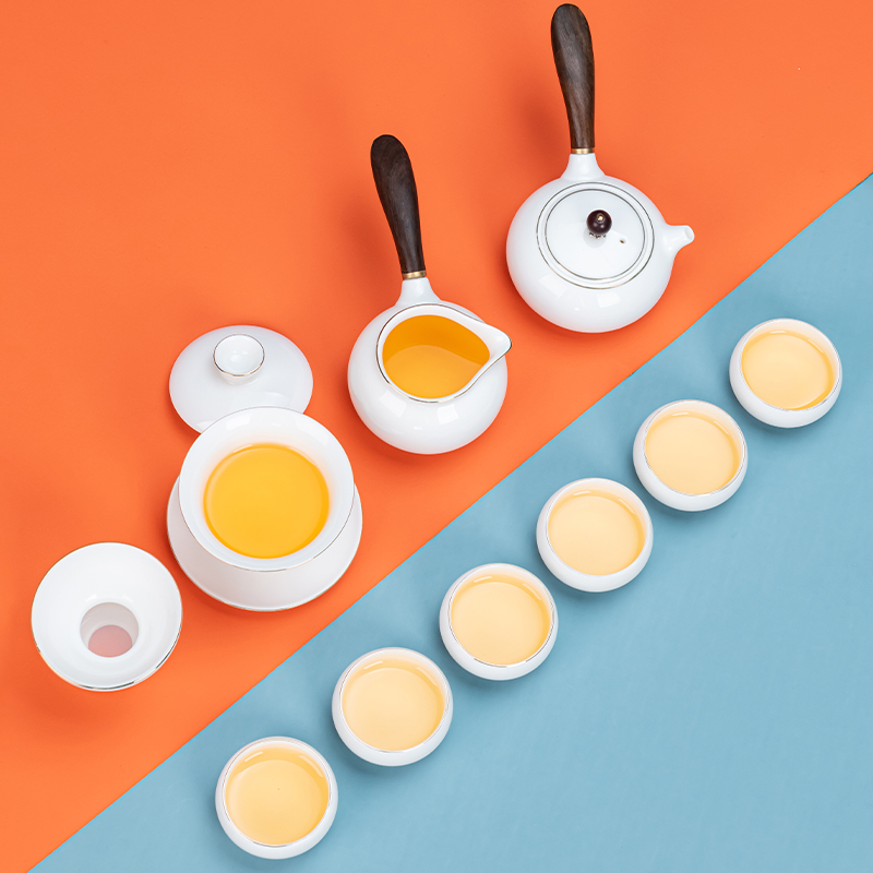 白瓷功夫茶具套装家用侧把德化高白玉瓷泡茶壶盖碗茶杯茶洗整套陶瓷描金 10头汉白玉(侧把-木)-罗汉杯-描金