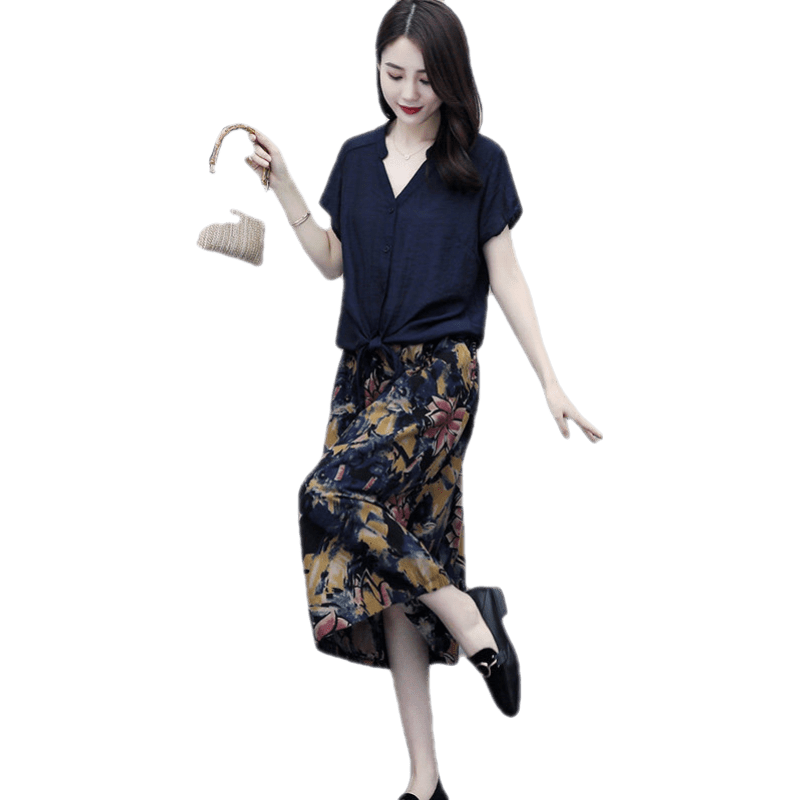 楚馨兩件套裝裙2025夏季新款女裝時(shí)尚氣質(zhì)遮肚子民族風(fēng)連衣裙夏天裙子 藏青色 M (90-106斤左右)