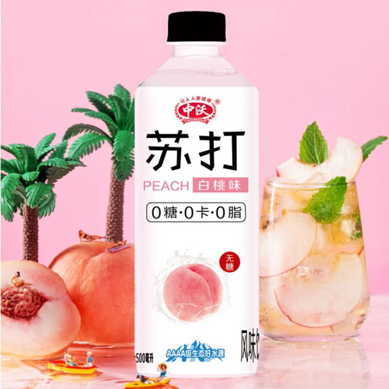 中沃(zhongwo)苏打水蜜桃味柠檬味500ml*12瓶装无糖弱碱性饮用水大瓶