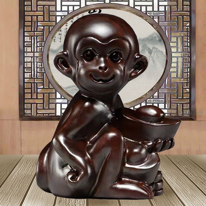 天从 黑檀木雕猴摆件 一对实木制生肖猴子工艺品红木质家居饰品金猴