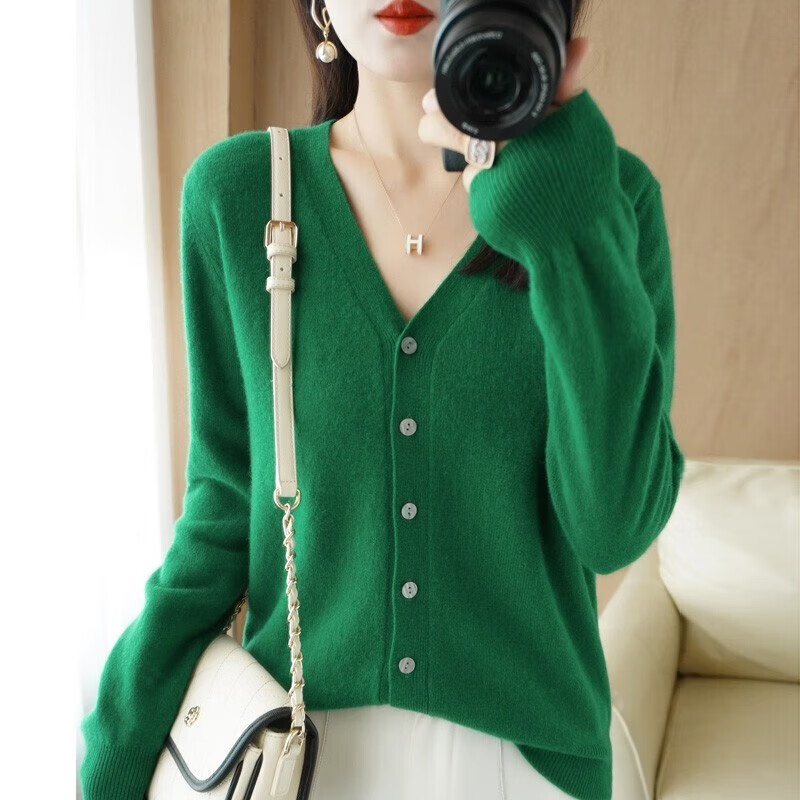 相伊恋人针织开衫女25年秋冬新款慵懒风宽松长袖百搭显瘦纯色V领上衣外套 米色 XL 码【110-120斤】