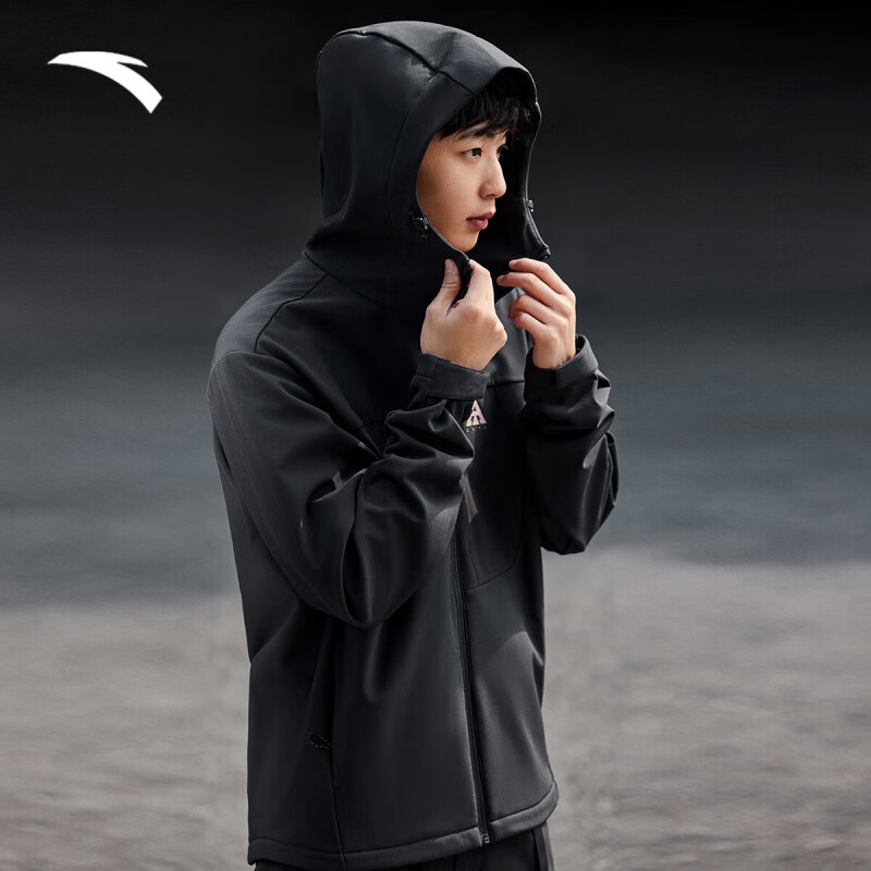 安踏（ANTA）火壳软壳衣丨大地之壳2.0运动外套男冬季耐磨加绒保暖连帽夹克 基础黑-3 M （/170）