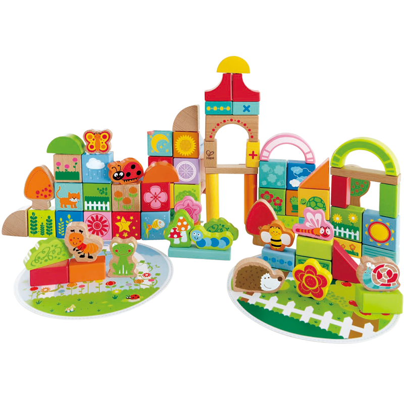 Hape【店铺主推】收纳桶实木积木大颗粒情景拼搭数字字母早教益智玩具 80粒花园积木 1-3Y E8312