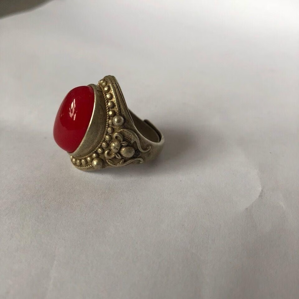 神至 古玩杂项收藏 清朝乾隆年制红宝石银戒指扳指文玩sn7213