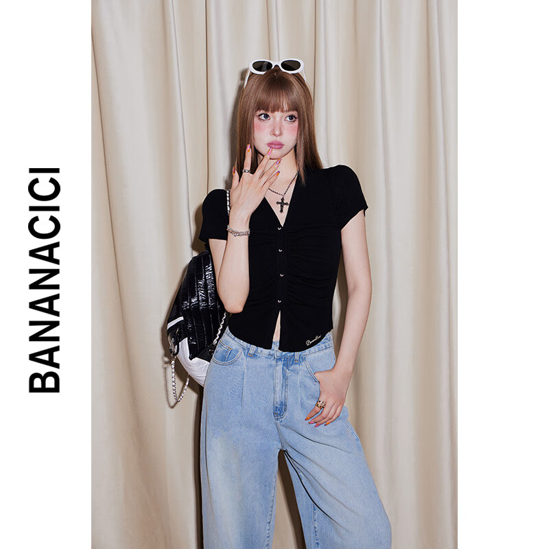 banana cici2024年初秋新复古辣妹风款缩褶百搭V领短袖针织开衫C243MY020 黑色 S