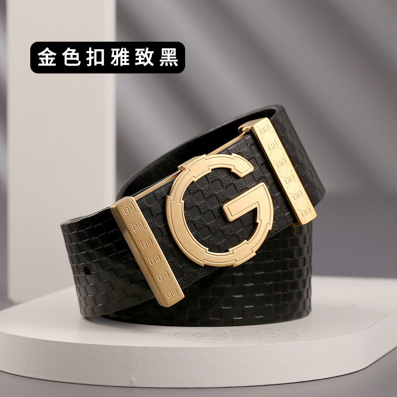 男士格纹皮带 大g不锈钢平滑扣 内穿商务休闲皮带男送礼盒装 金色扣