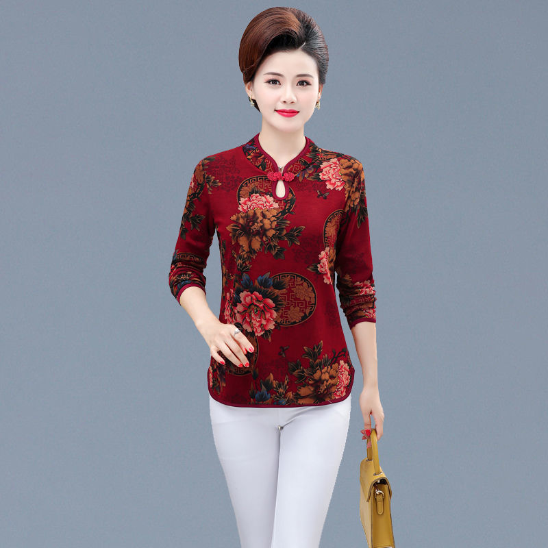 尹振天遮肚上衣短款旗袍加绒打底衫长袖复古高贵文艺秋款中老年妈妈