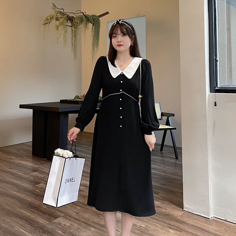 罗淑(luoshu)大码女装胖秋季新款娃娃领灯笼袖连衣裙女 黑色 大码