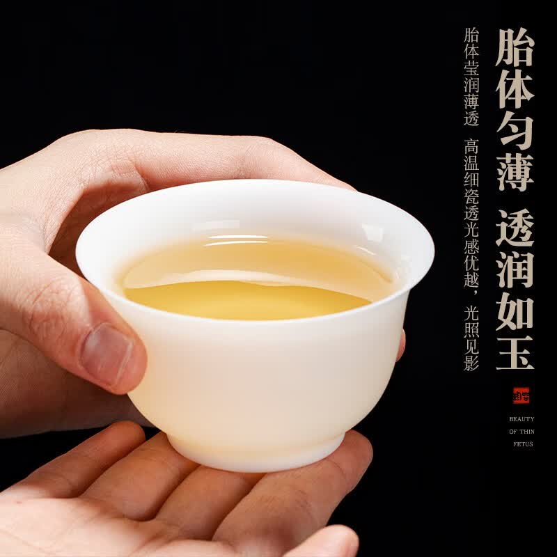 钰铨龙门 薄胎白瓷主人杯 德化羊脂玉瓷大号喝茶品茗茶杯无釉素烧陶瓷单杯 薄胎压手杯-大号(约110ml)