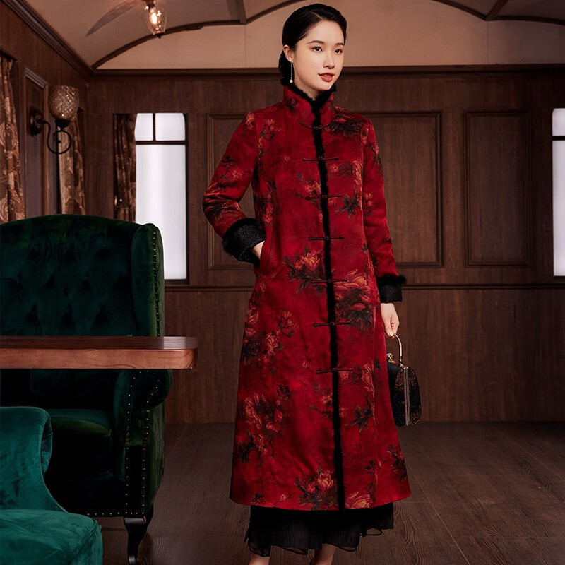 璽玥2025年冬季新款中國(guó)風(fēng)花羅香云紗厚款?yuàn)A棉長(zhǎng)款唐裝外套女大衣新年 紅色 3XL (體重135~145)