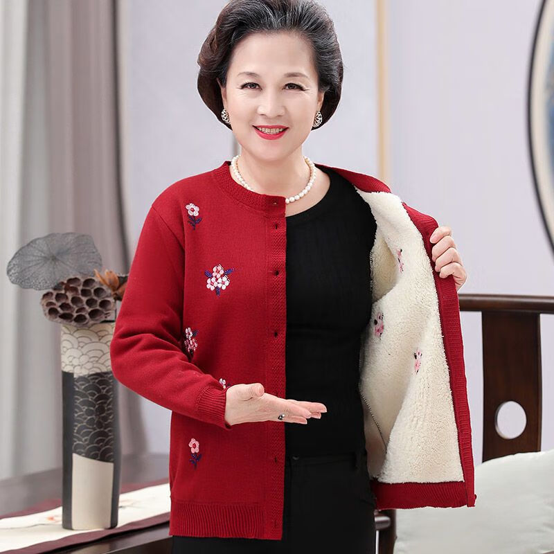 年红色外套女冬季奶奶装毛衣春秋装外套中老年人冬装 红色2199(加绒)