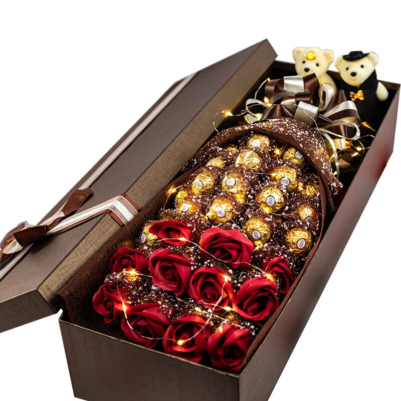 费列罗巧克力花束礼盒装玫瑰花圣诞节礼物情人节生日礼物送女友女朋友 棕色19颗巧克力+11朵香皂花