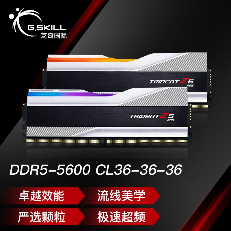 芝奇（G.SKILL）32GB(16Gx2)套装 DDR5 5600频率 台式机内存条-幻锋戟RGB灯条(科技银)/C36