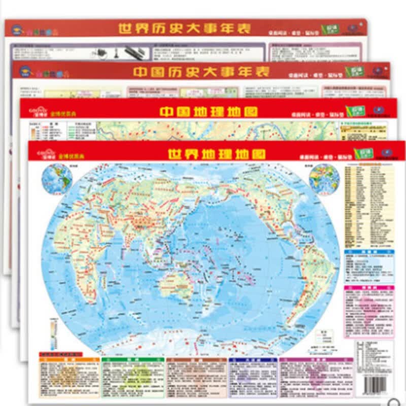 防水双面桌面阅读 高清 中国世界地理地图地形历史大事年表鼠标垫桌垫防水三合一小尺寸地理百科知识撕不烂初中小学生用中华地图 【中国+世界历史年表+地理地图】4张
