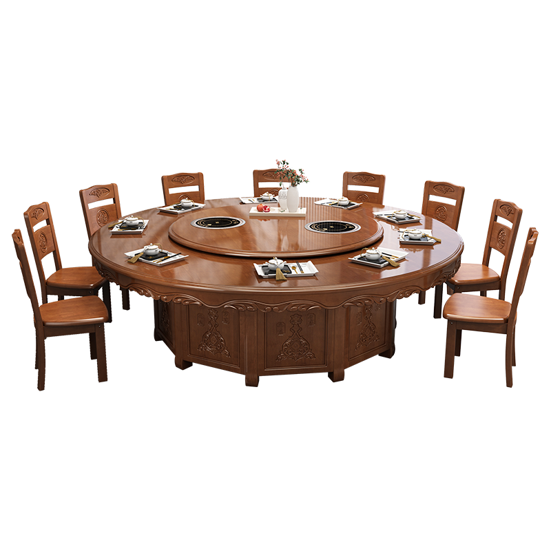 臻玲 电动餐桌 新中式酒店大圆桌电动转盘20\/30人饭店实木餐桌椅组合包间会所3米 主图款椅子2把椅起拍