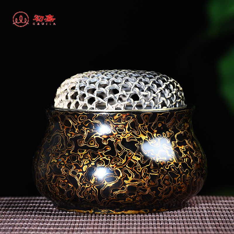 初嘉 大漆珠 漆器黑金大漆香炉博山炉香道茶道摆件 纯手工 黑金犀皮
