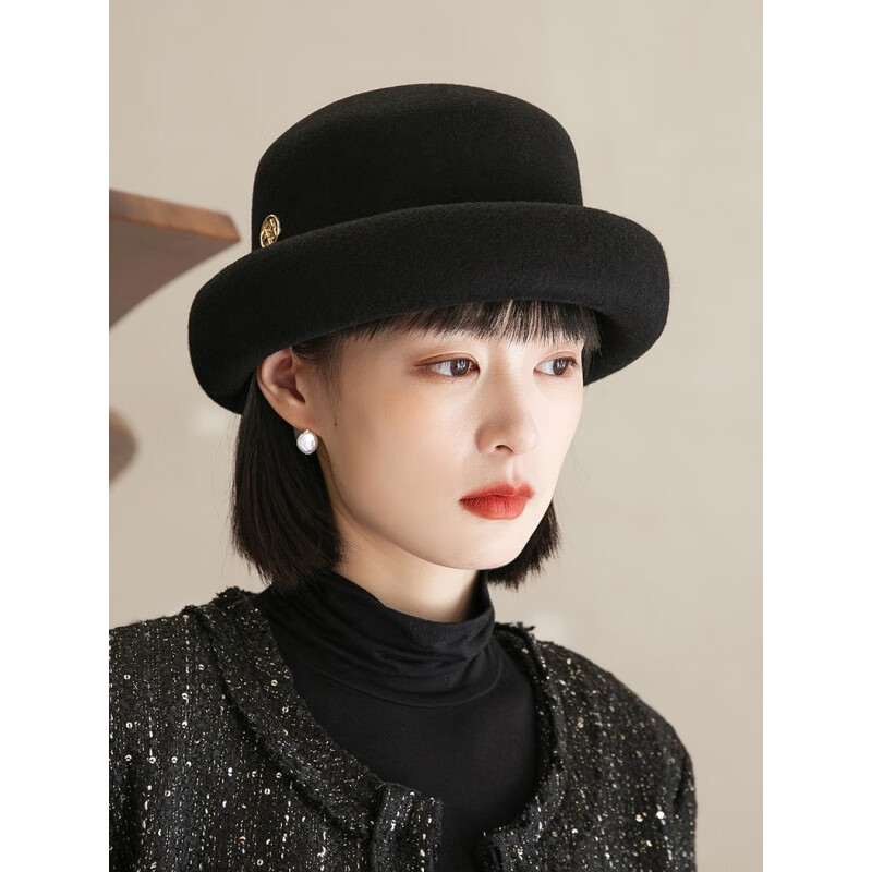 玛芮百利（Mauro Poli）新款礼帽女秋冬羊毛呢黑色毡帽复古英伦盆帽渔夫帽时尚百搭帽子女 黑色 可调节M码（56-58cm）使用感如何?