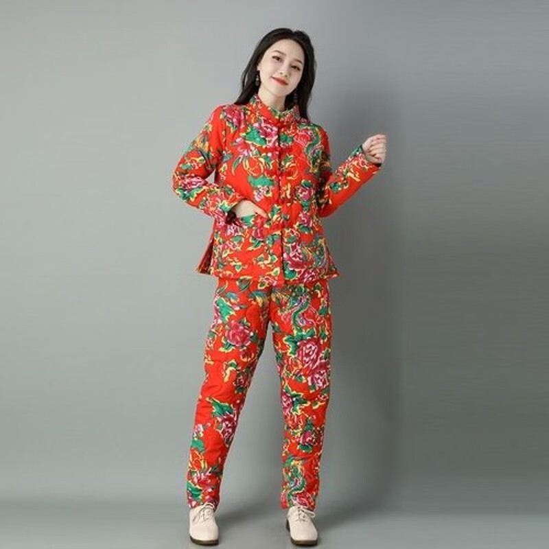 休闲民族风秋冬新款东北花棉袄女中式复古盘扣防寒款棉衣套装 红色 m