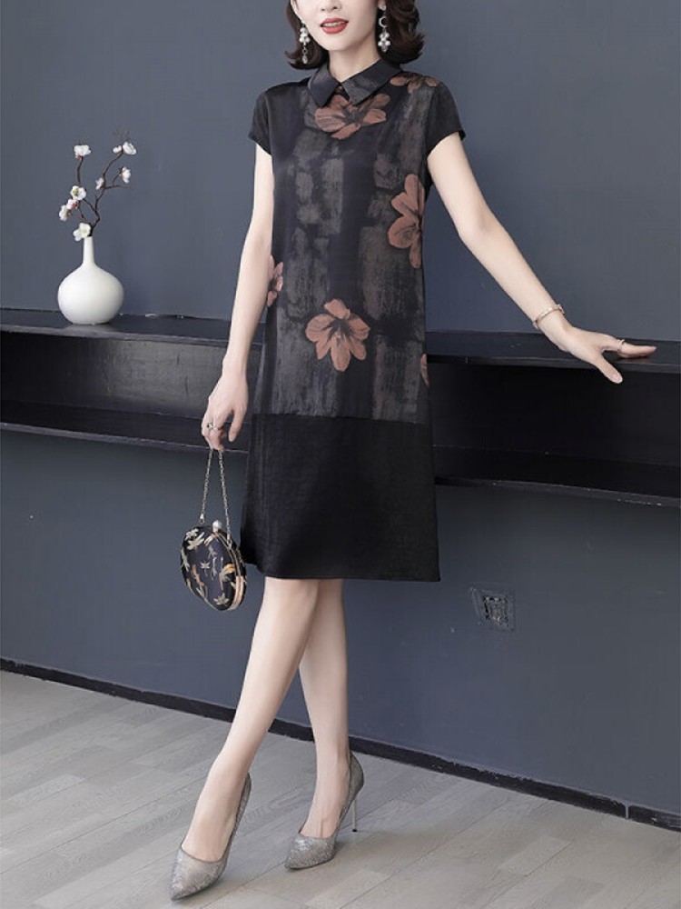 nakezg捡漏轻奢品牌真丝香云纱桑蚕丝连衣裙2024新款40岁裙子遮肚