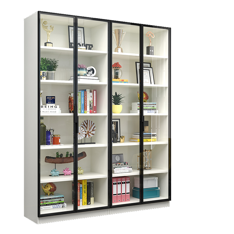 桐颜 北欧书架实木书橱带玻璃门轻奢极简铝合金门边展示柜简约现代落地自由组合书柜带门收纳储物柜子 四门暖白色【生态板】 带把手(一体式)