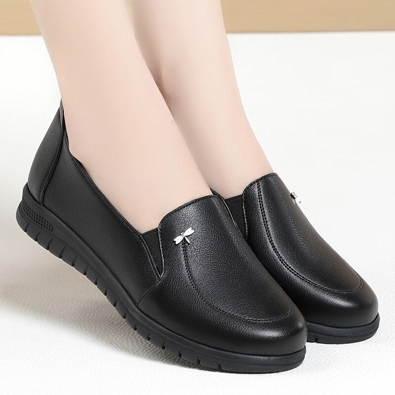 蜻蜓品牌【女鞋】真皮妈妈鞋春秋款2022年新款软底女鞋中老年棕色皮鞋