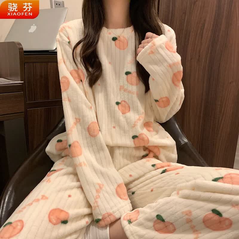 骁芬可爱甜美秋冬睡衣暖暖套装女可外穿珊瑚绒保暖加厚长袖家居服套装 桃子杏色 均码 80-140斤怎么样,好用不?