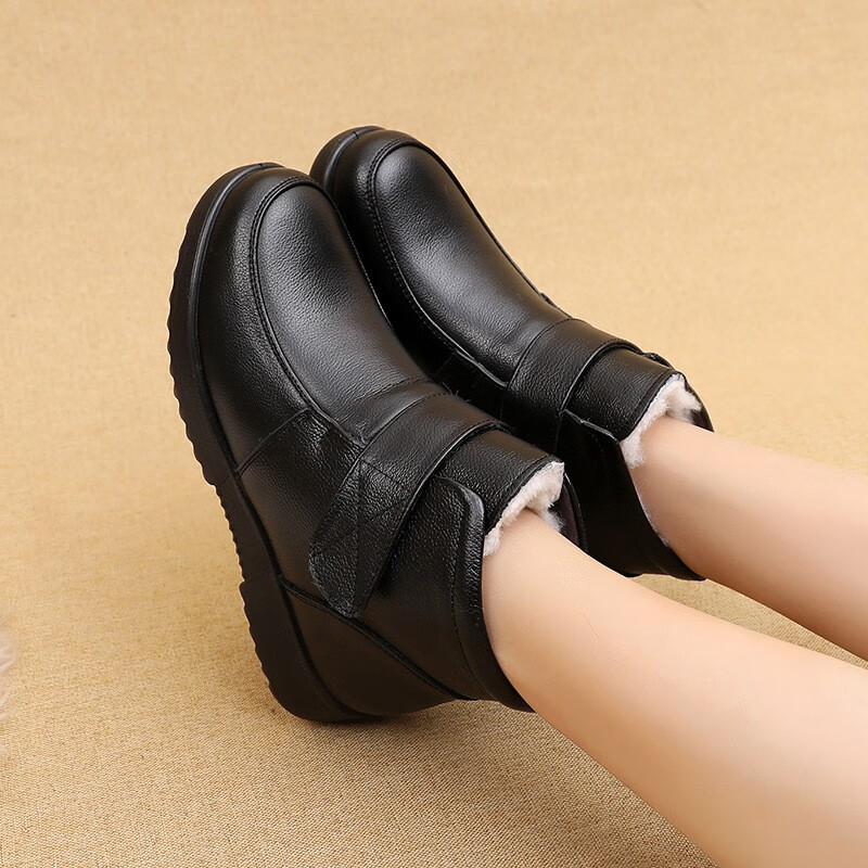 吊带兔妈妈鞋棉鞋女牛皮软底老人皮鞋加绒加厚中老年防滑防水雪地靴大码 款式四 牛皮羊毛 35