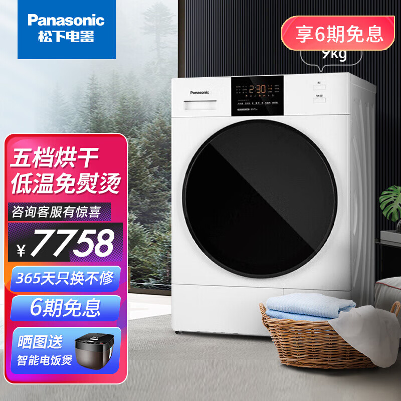 松下（Panasonic）9公斤烘干机热泵干衣机变频 低温护衣免熨烫 NH-EH900W 双转子 9kg 5档烘干 白色