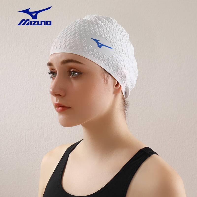 美津浓(MIZUNO)泳帽成人男女长发护耳防水硅胶游泳水滴帽加大不勒头防滑泡泡帽 浅粉色