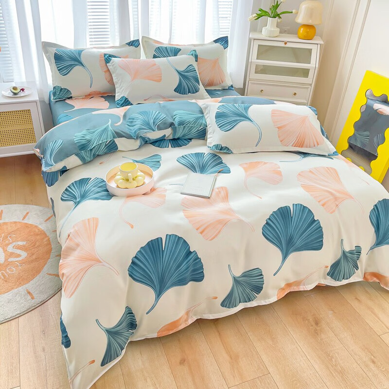 多兰诗(Duolanshi)磨毛四件套 春秋加厚保暖小清新宿舍卡通家用斜纹四件套 银杏花开米 2.0米 床单款 被套200*230 四件套