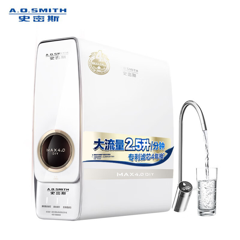 史密斯 （A.O.Smith）家用净水器 专利反渗透滤芯4年更换 2.5升/分钟大流量 自助换芯 净水机 R2500SAR7