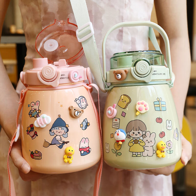 【精选】大容量学生带吸管杯子儿童可爱不锈钢保温杯网红便携手提大肚