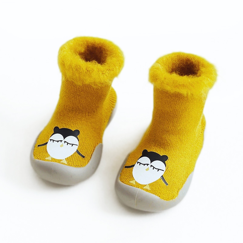 馨颂婴儿地板袜保暖袜子鞋秋冬绒里宝宝袜子儿童防滑学步袜鞋袜 黄色企鹅 M(6-12个月)