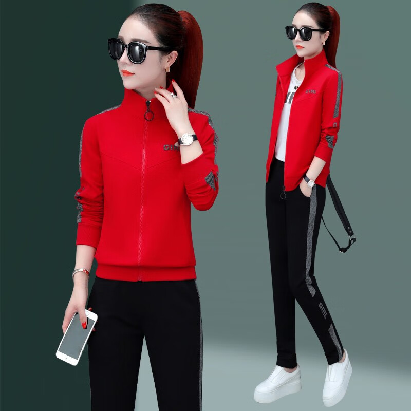 运动套装女春秋女士运动衣新款品牌韩版时尚显瘦运动服女三件套 红色