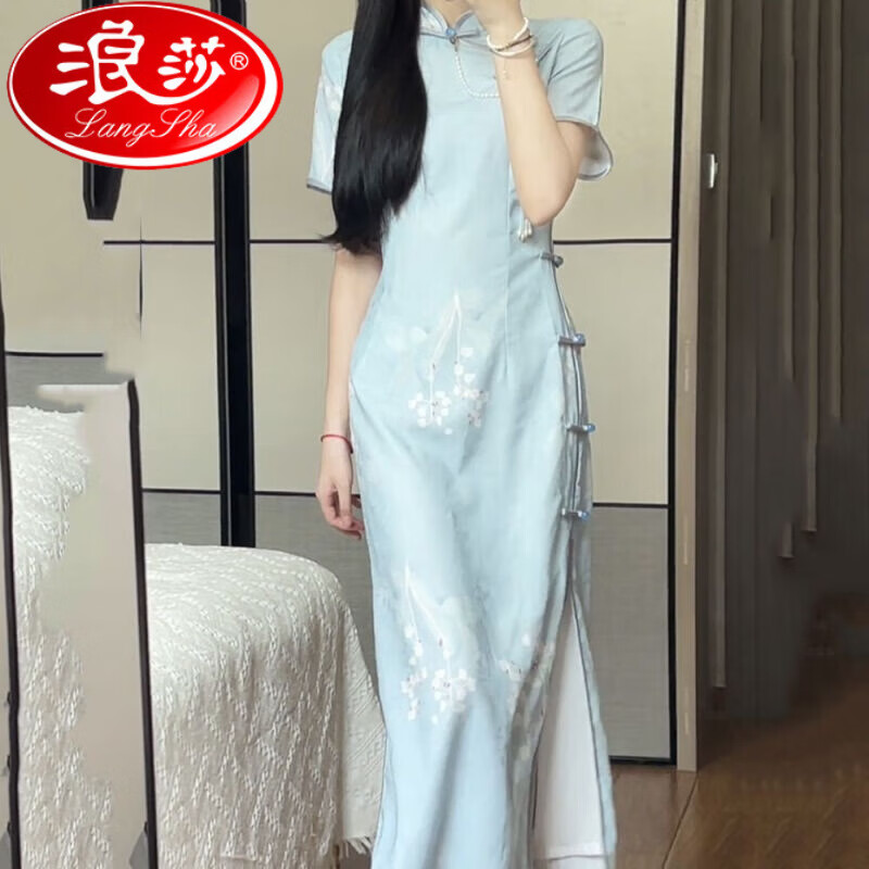 浪莎（LangSha）清冷系淡雅旗袍年轻2023年新款少女中国风气质连衣裙旗袍民国风 蓝色 双层有内里 XL高性价比高么？