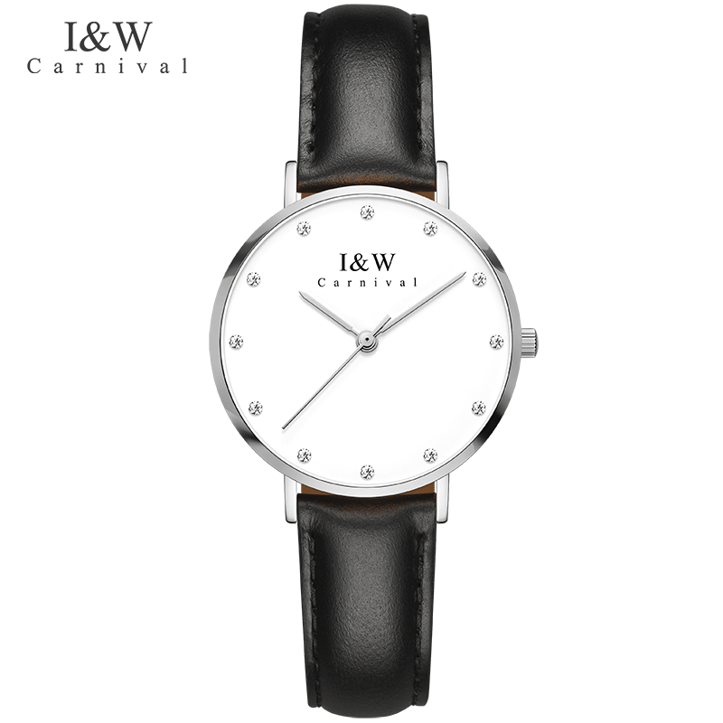 爱沃驰瑞士钻钉刻度纤薄32mm时尚防水石英手表女士表七夕生日礼物送女友 银壳白面|黑皮带