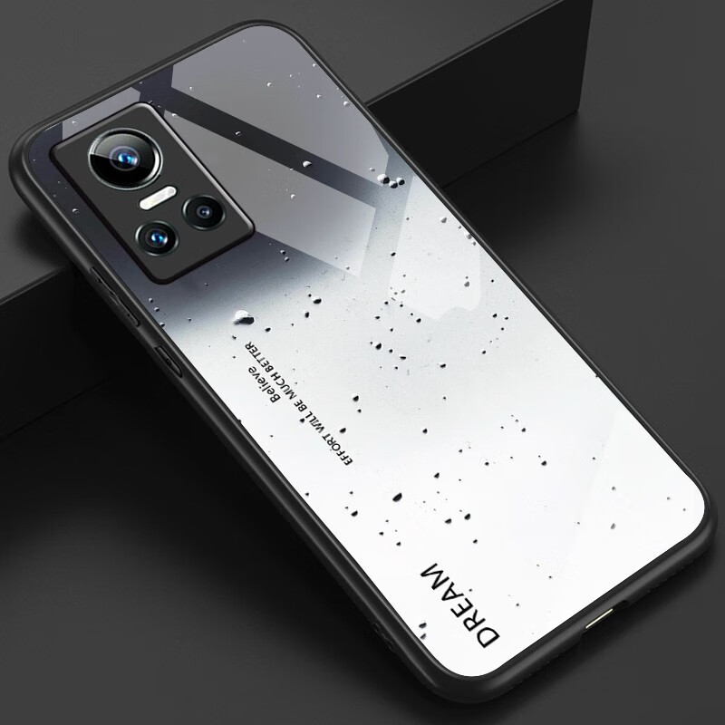 好机友 realmeGTNeo3玻璃手机壳realme真我GTNeo3保护套GT防摔neo3 Dream黑白+全屏膜+指环+挂绳 realme 真我GT Neo3